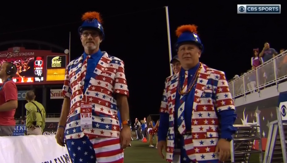 PHOTO Dude On Field At Boise State UNLV Game Wearing Red White And Blue Suits