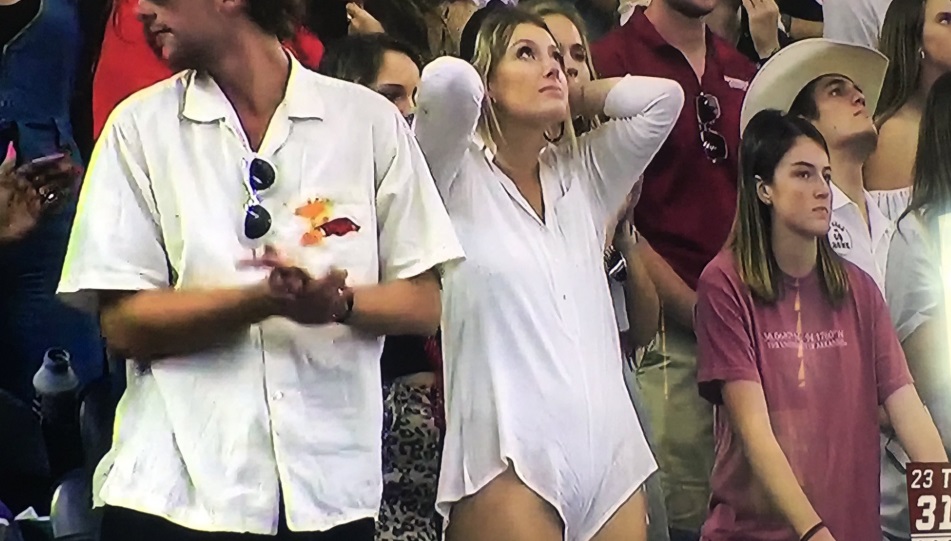 PHOTO Hot Blonde Arkansas Razorbacks Fan Just Wearing A Shirt On Camera