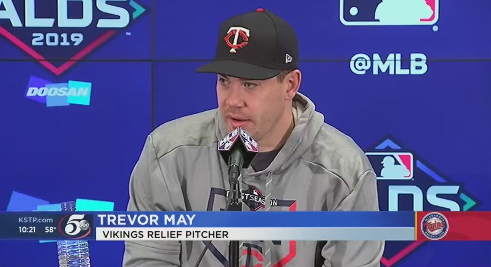 PHOTO KSTP Minnesota News Station Says On Screen That Trevor May Is The Vikings Relief Pitcher