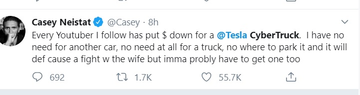 Casey Nesitat Says His Wife Is Going To Be Mad At Him For Ordering Tesla Cybertruck