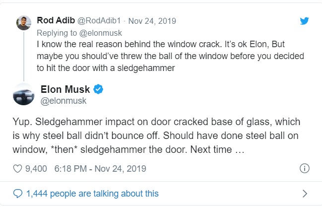 Elon Musk Says Cybertruck Window Broke Because Sledgehammer Impact On Door Cracked Base Of Glass