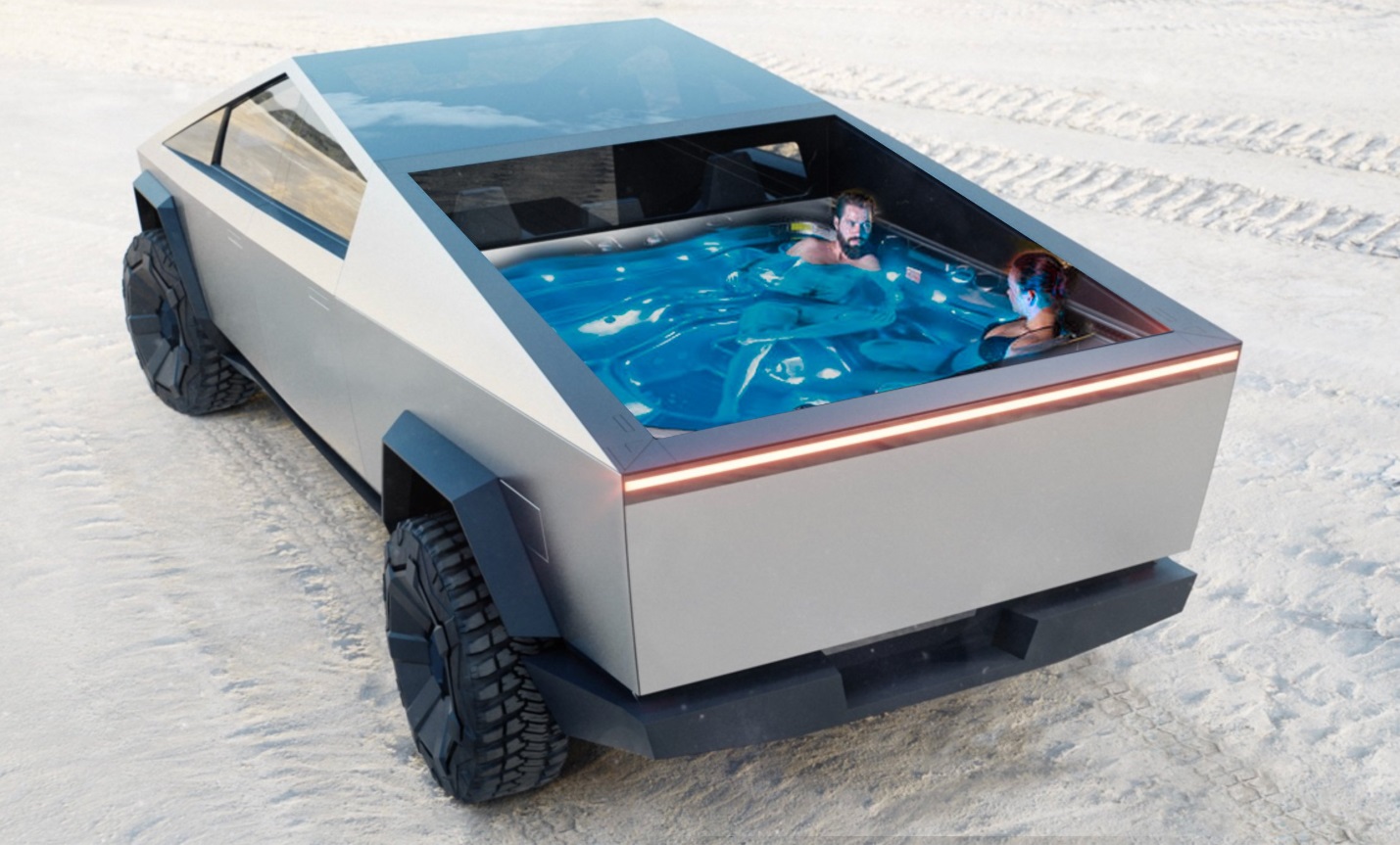 PHOTO Couple Swimming In Waterproof Tesla Cybertruck Bed