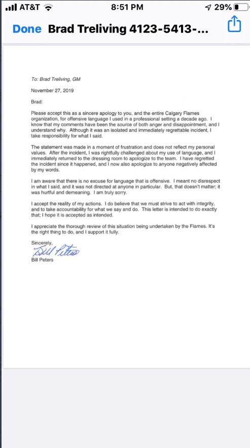 PHOTO Full Statement From Bill Peters Issuing An Apology