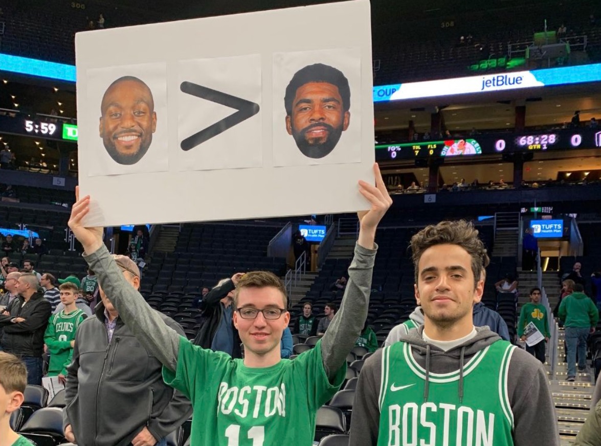 PHOTO Nerdy Celtics Fan Holds Up Sign That Says Kemba Walker Is Greater Than Kyrie Irving