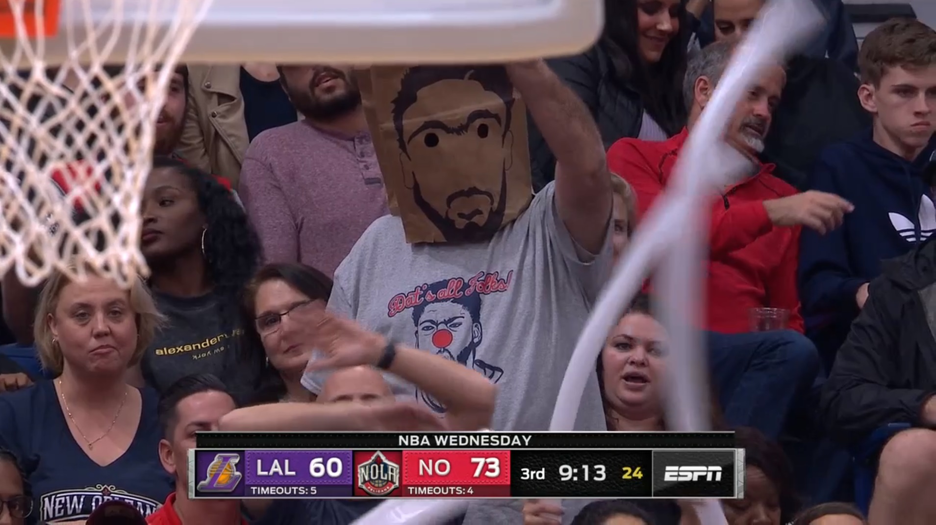 PHOTO Pelicans Fan With A Bag On His Head With Anthony Davis' Face Outlined In Sharpie