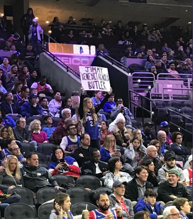 PHOTO Ugly Blonde 76ers Fan Holding Sign That Says Jimmy Benedict Arnold Butler