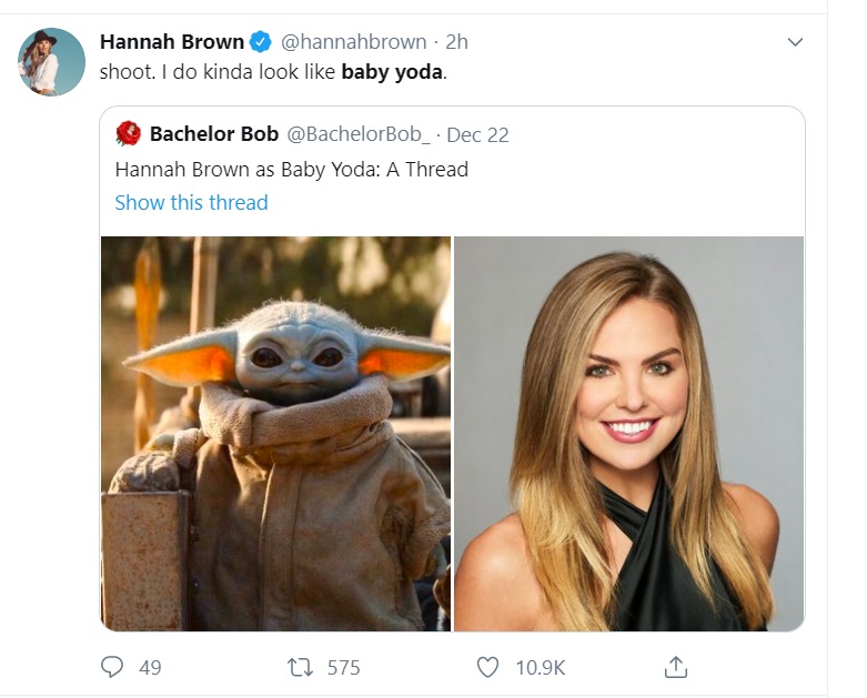 PHOTO Alabama Hannah Brown Says She Likes Baby Yoda