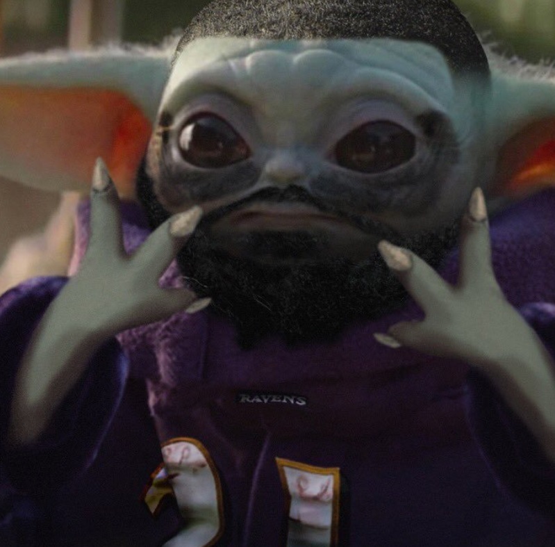 PHOTO Baby Yoda Dressed Up As Baltimore Ravens RB Mark Ingram With Beard And Head Hair