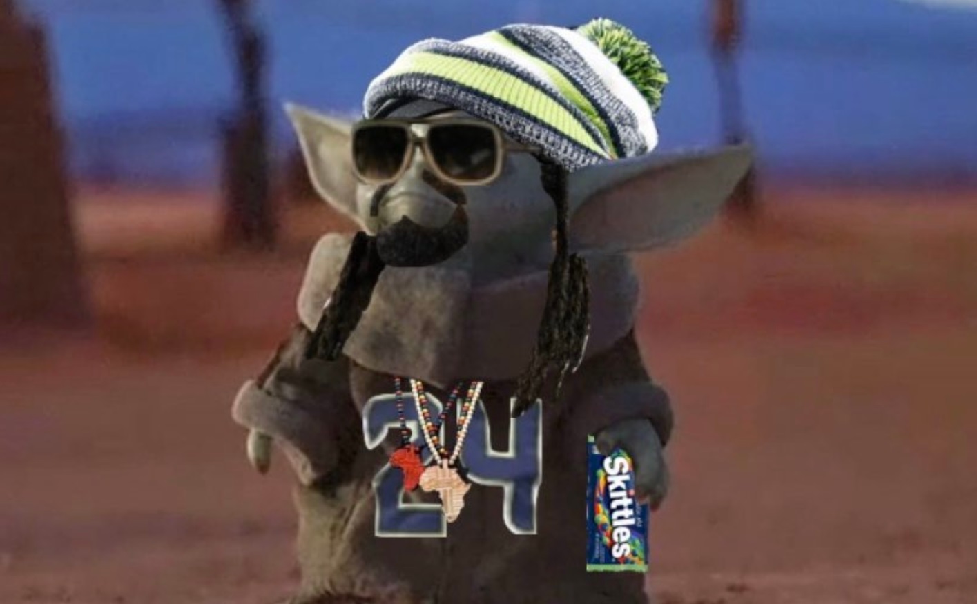 PHOTO Baby Yoda Dressed Up Like Marshawn Lynch WithA Beanie Skittles And Chains