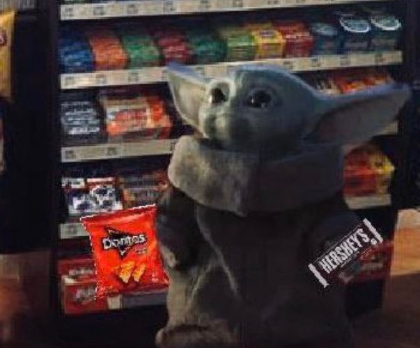 PHOTO Baby Yoda Getting Doritos And Hershey's Chocolate Bar At The Gas Station