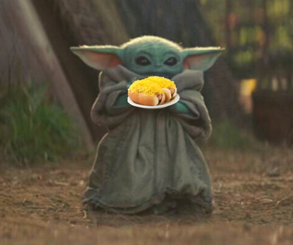 PHOTO Baby Yoda Holding Two Chili Cheese Hot Dogs