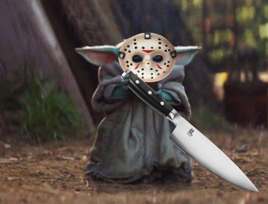 PHOTO Baby Yoda In Jason Mask With Knife