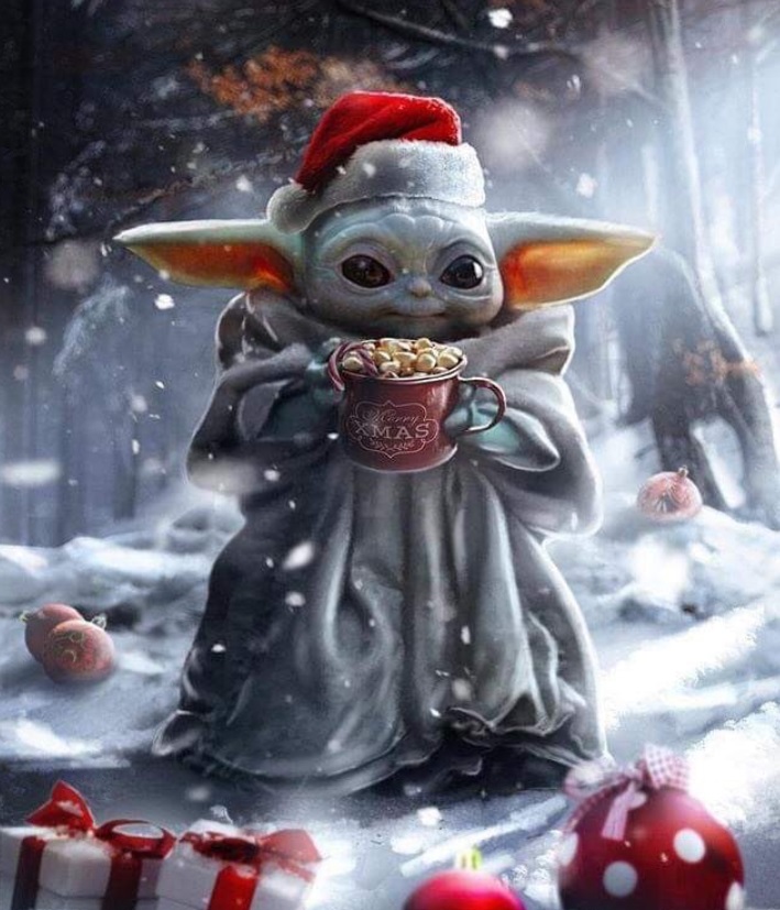 PHOTO Baby Yoda In Winter Wonderland With Hot Chocolate And Marshmellows