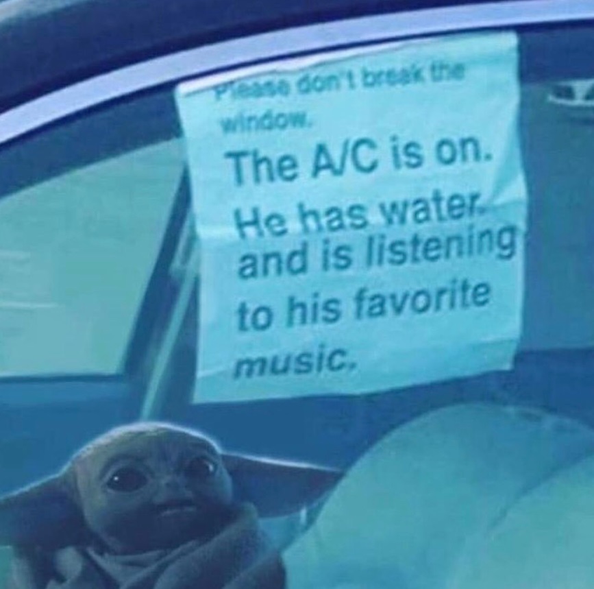 PHOTO Baby Yoda Locked In The Car With A Sign That Says Don't Break The Window He Has Water And AC Is On