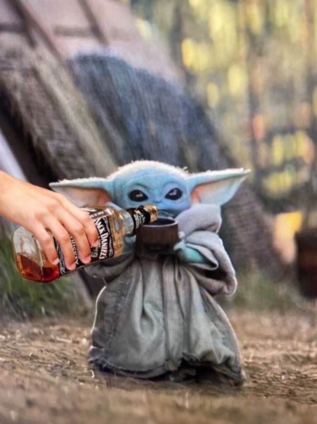 PHOTO Baby Yoda Pouring A Bottle Of Jack Daniels