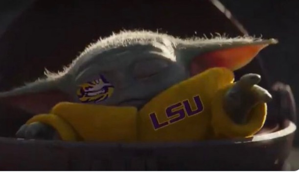 PHOTO Baby Yoda Sleeping In LSU Tigers Eye Patch And Yellow LSU Themed Sweater