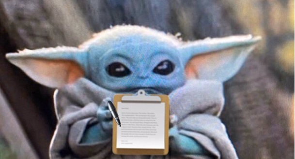 PHOTO Baby Yoda Taking Notes On A Notepad