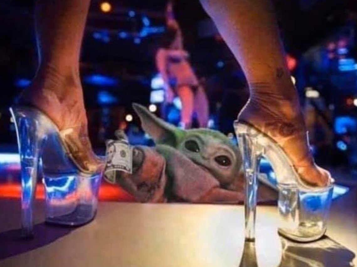 PHOTO Baby Yoda Tipping Strippers With 5 Dollar Bills