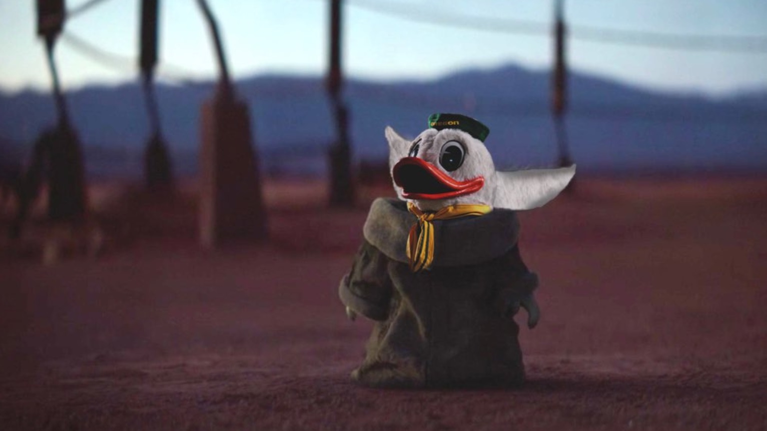 PHOTO Baby Yoda Turned Completely Into Oregon Ducks Mascot Wandering In The Desert