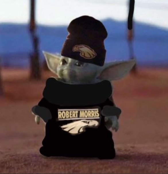 PHOTO Baby Yoda Wearing A Robert Morris Sweatshirt