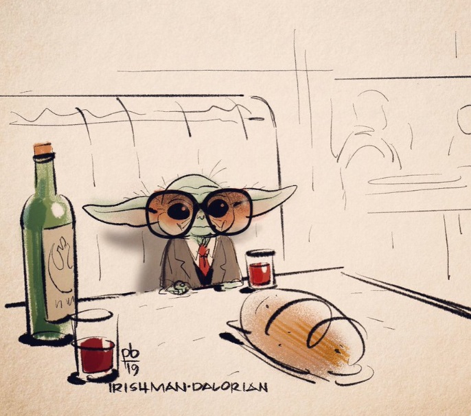 PHOTO Baby Yoda Wearing Glasses At Dinner Table With Bread And Wine The Irish Mandalorian