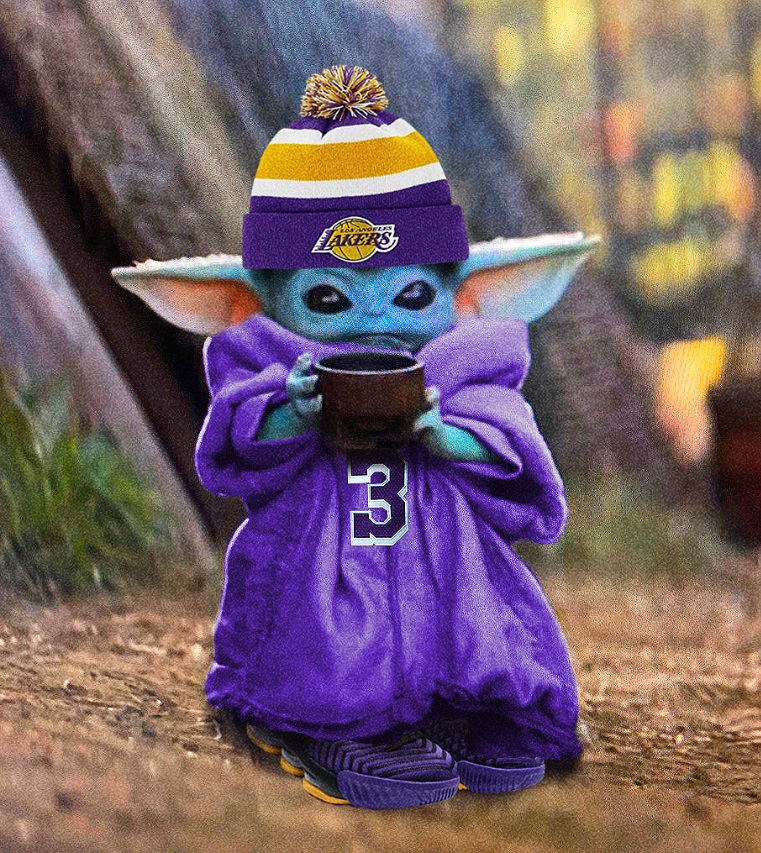 PHOTO Baby Yoda Wearing Lakers Beanie And Anthony Davis #3 Robe