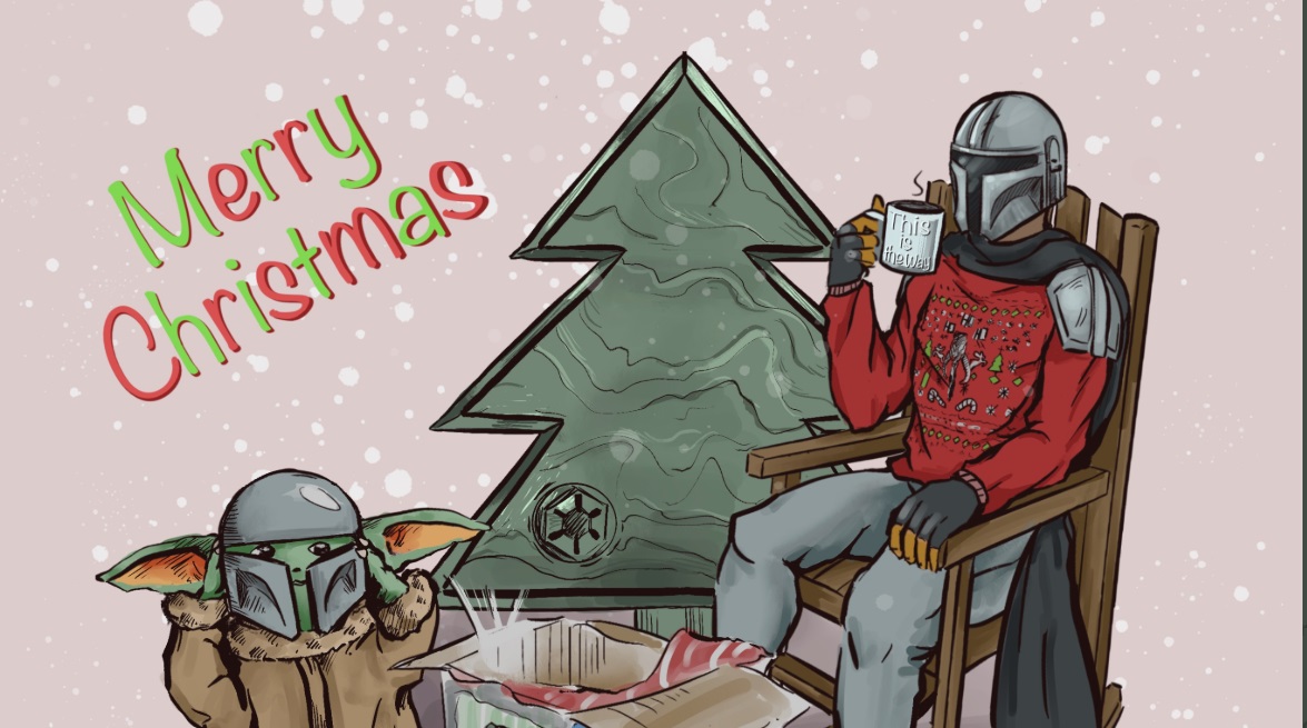 PHOTO Baby Yoda Wearing Mandalorian Face Mask And Mando Wearing Christmas Sweater