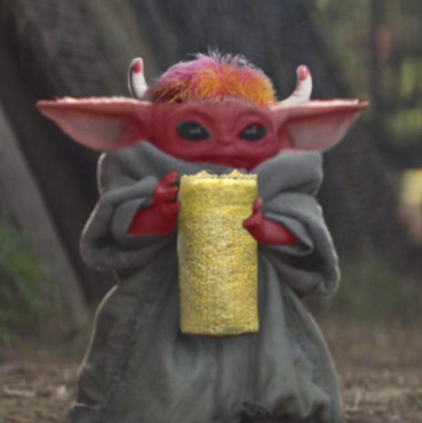 PHOTO Baby Yoda Wish Red Devil Face And Devil Ears With Bag Of Popcorn