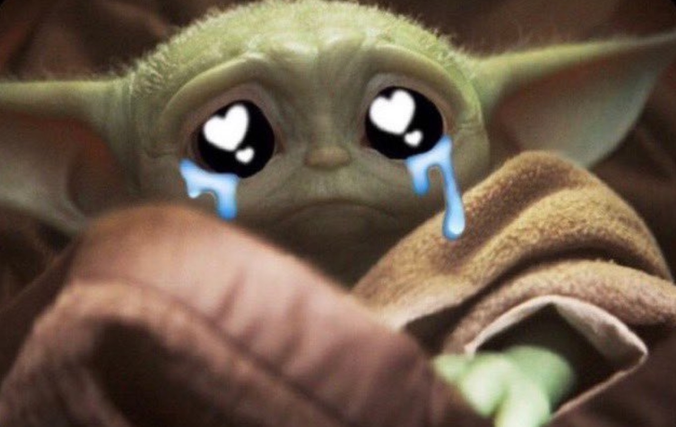 PHOTO Baby Yoda With Photoshopped Tears Dripping Down His Eyes And Hearts In His Eyes