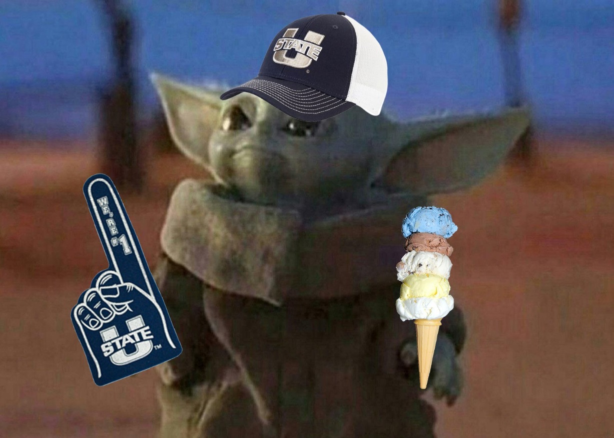 PHOTO Baby Yoda With Utah State Hat And Foam Finger And Ice Cream