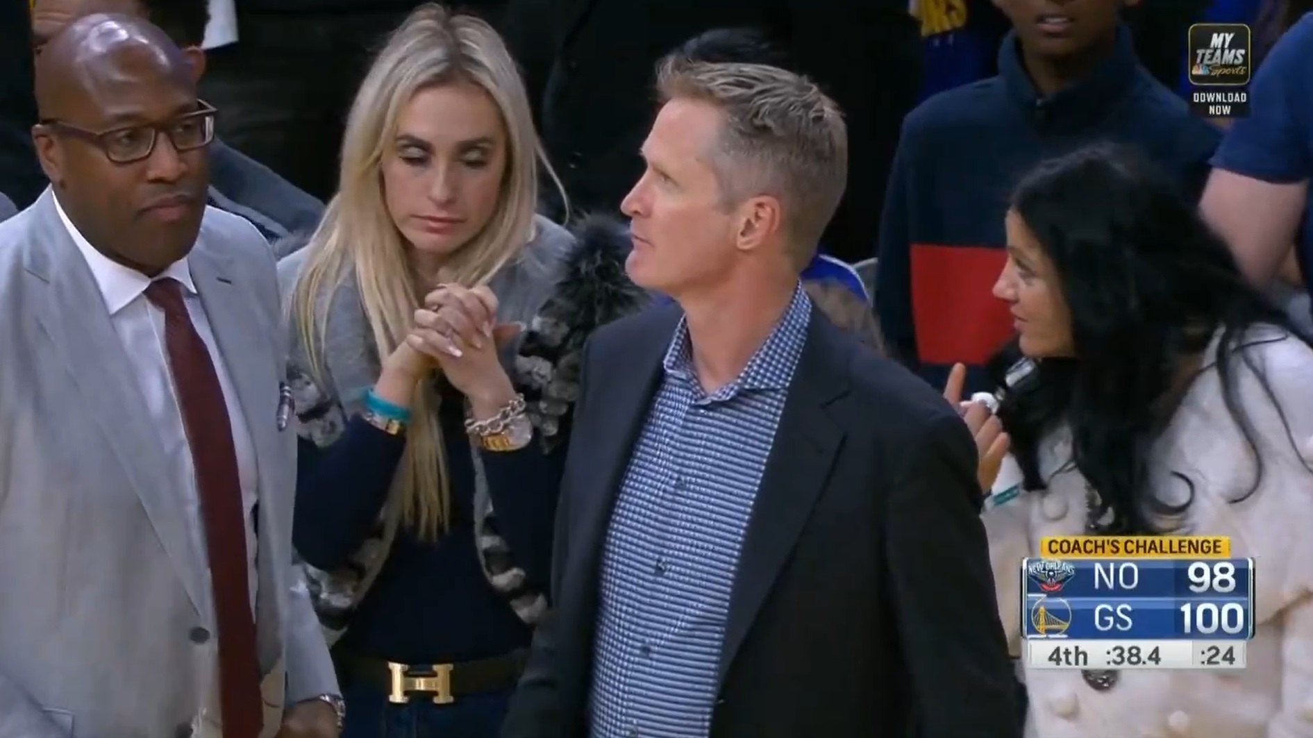 PHOTO Hot Btch Sitting Courtside Behind Steve Kerr Praying For The Warriors To Keep The Lead And Win