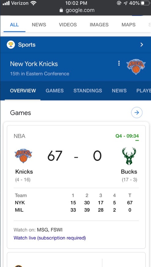 PHOTO NBA.com Scoreboard Had Bucks Losing To Knicks 67-0