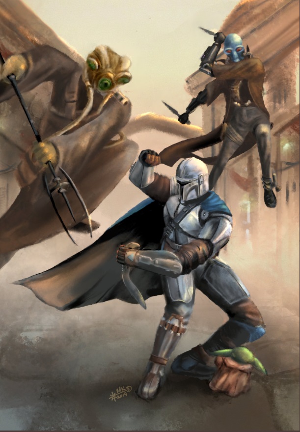 PHOTO The Mandalorian Fighting Off The Enemy While Baby Yoda Hides Under His Knee