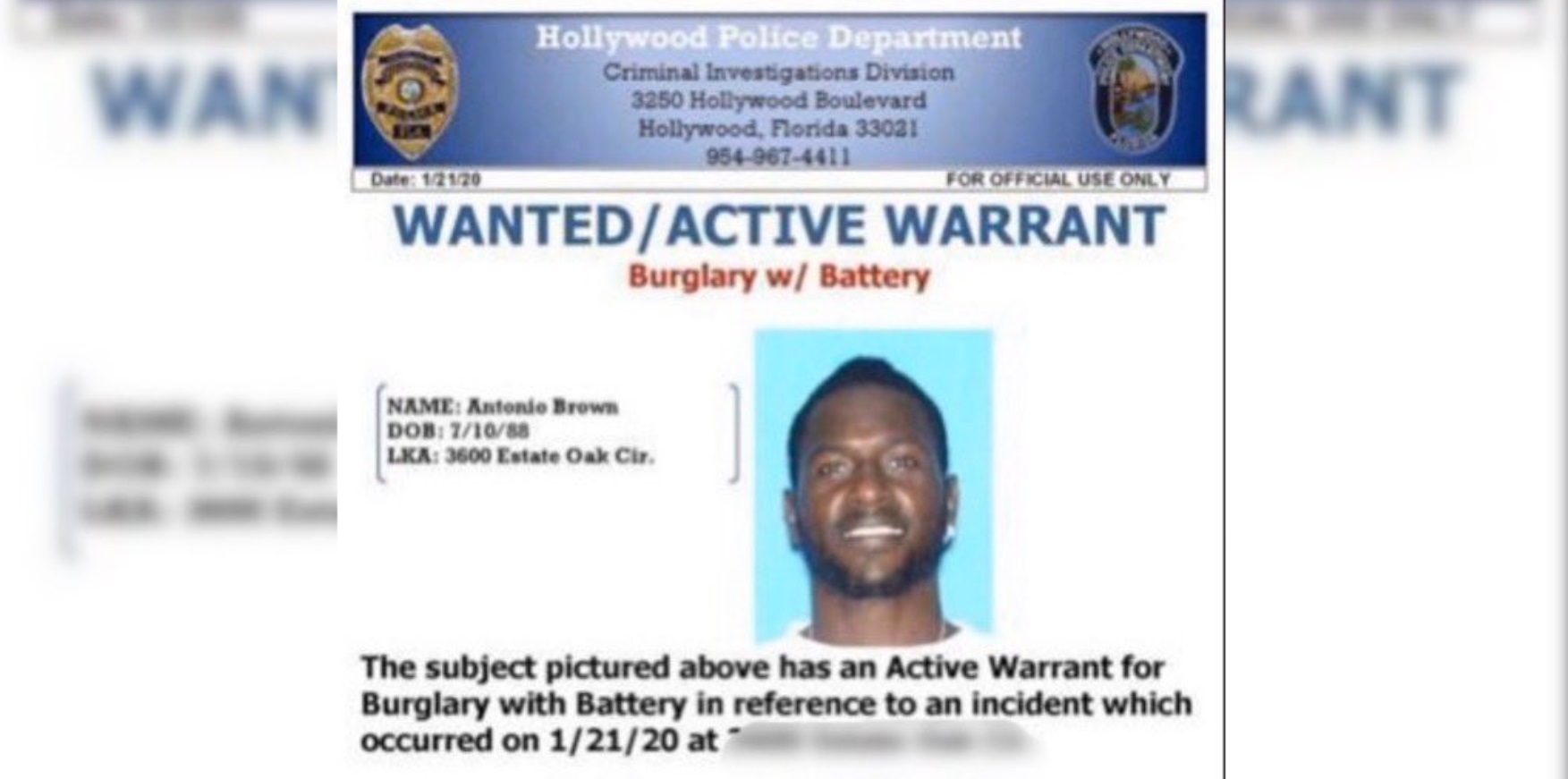 PHOTO Arrest Warrant For Antonio Brown Includes His Hollywood Florida Address On It