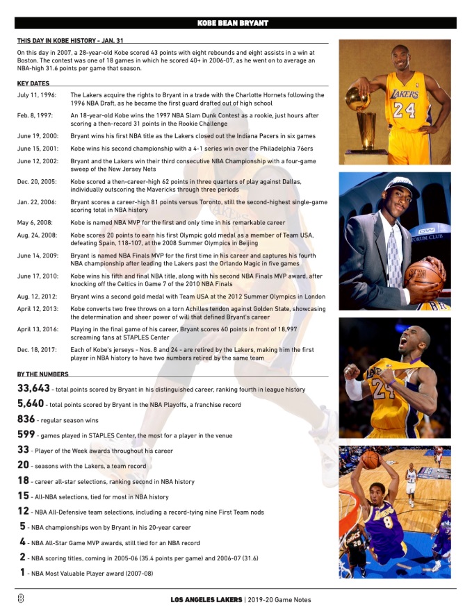 PHOTO Entire Page Dedicated To Kobe Bryant In Lakers Game Notes For Game Vs Blazers Friday