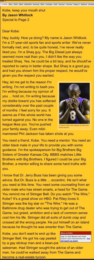 PHOTO Jason Whitlock Column Ripping Kobe Saying I Never Really Liked You Just Hating On Him With Article On ESPN