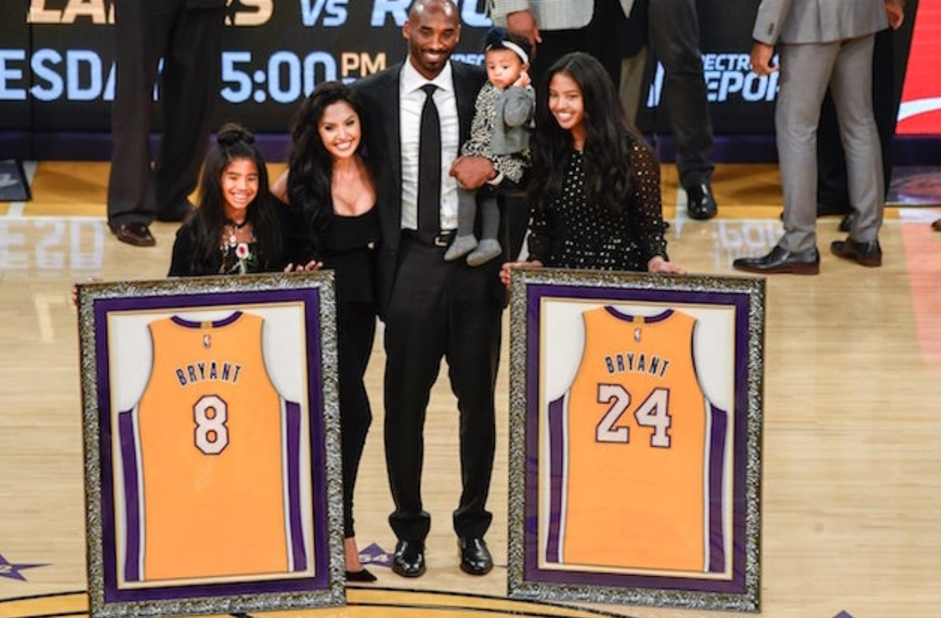 PHOTO Kobe's Hot Wife Stands On Court With Her Three Kids And Kobe For Picture With Jerseys 8 And 24