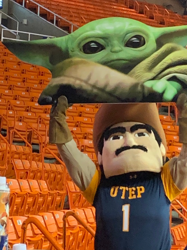 PHOTO UTEP Mascot Holding Baby Yoda Cutout