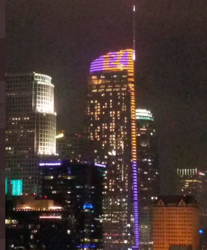 PHOTO Wilshire Grand Illumintating In Purple And Gold For Kobe Bryant With The Number 24