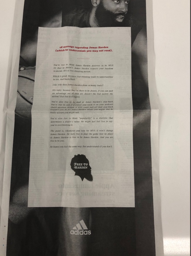 PHOTO Adidas Full Page Ad In Milwaukee Newspaper On Why James Harden Deserves To Win MVP