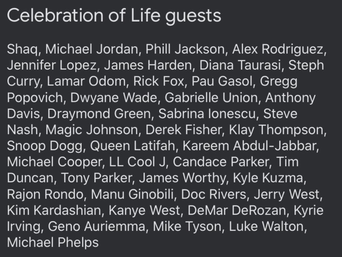 PHOTO List Of All The Famous Guests That Showed Up To Kobe's Memorial Service