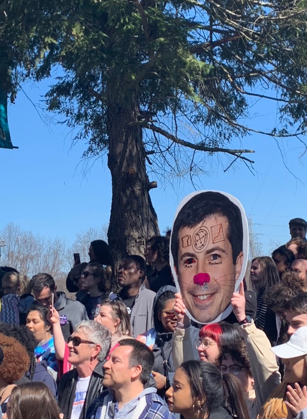 PHOTO Pete Buttigieg Clown Face Cutout At Bernie Sanders Rally