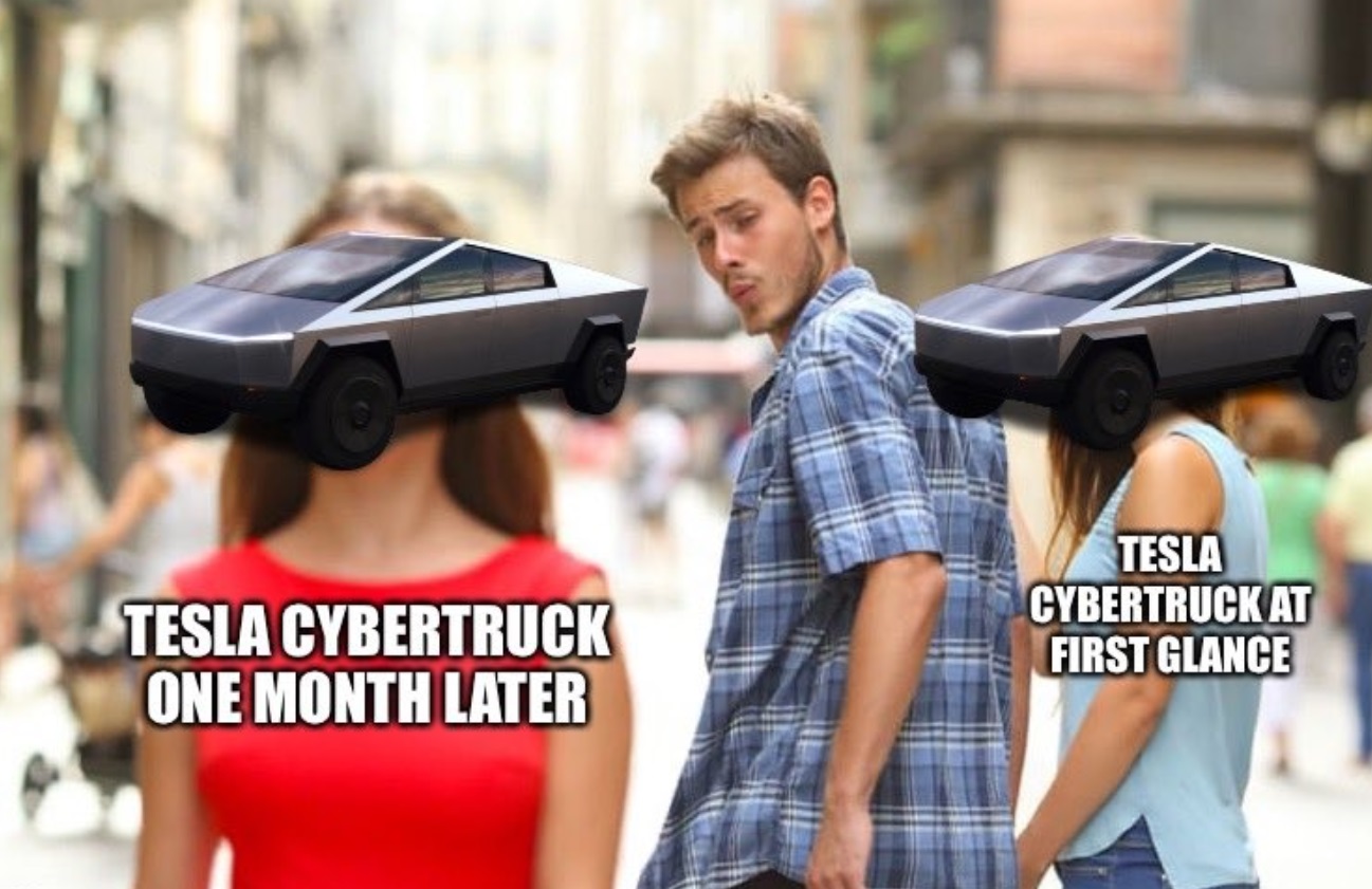 PHOTO Tesla Cybertruck At First Glance Vs One Month Later Meme