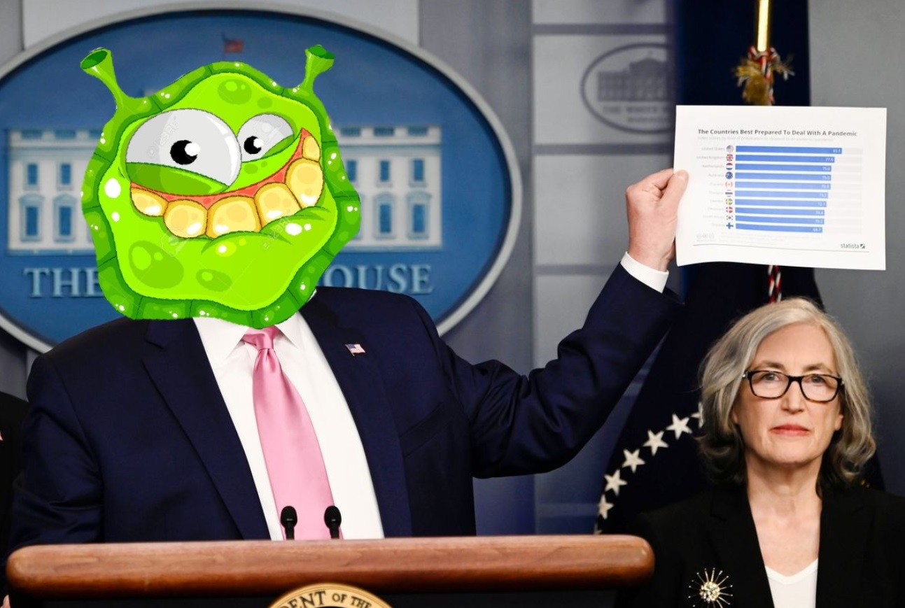 PHOTO Donald Trump With Monster Face Holding Up John Hopkins Chart On Corona Virus