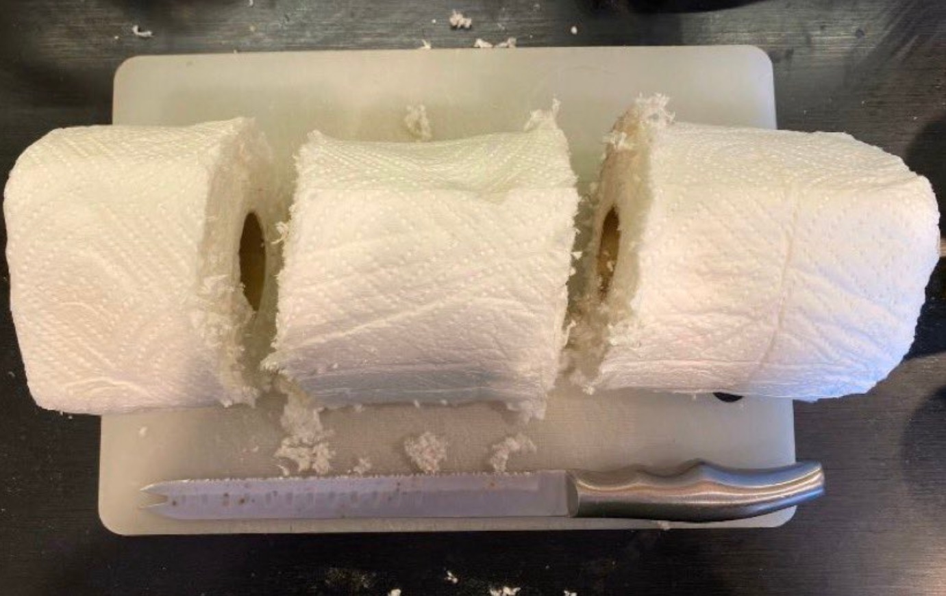 PHOTO Dude Cuts Up Paper Towels Into Three Sections To Make Toilet Paper Since Store Is Out Due To Corona Virus