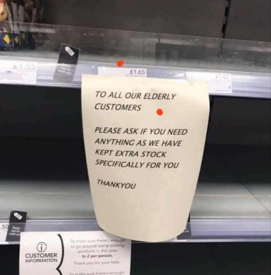 PHOTO Grocery Store Puts Up Sign For Elderly Saying We Have Extra Stock For You