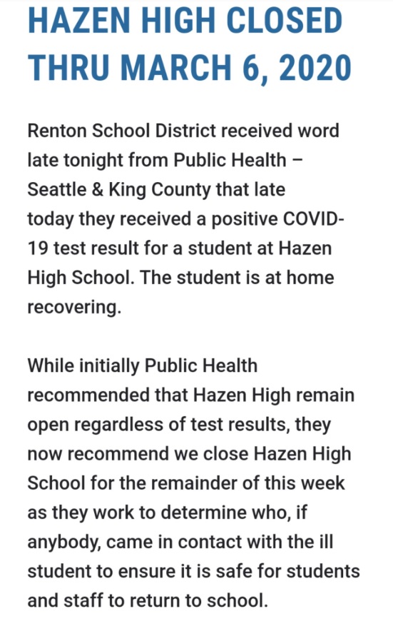 PHOTO High School Student Tested Postive For Corona Virus In Renton Washington