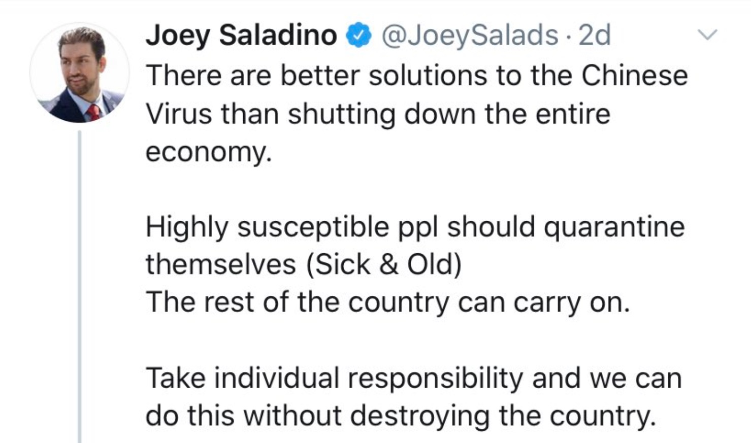 PHOTO Joey Saladino Says Entire Economy Shouldn't Shut Down As If He's Right About It Amid Corona Virus