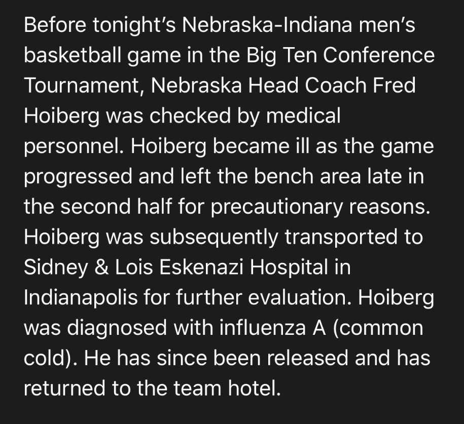 PHOTO Nebraska Athletics Statement Saying Fred Hoiberg Has The Flu