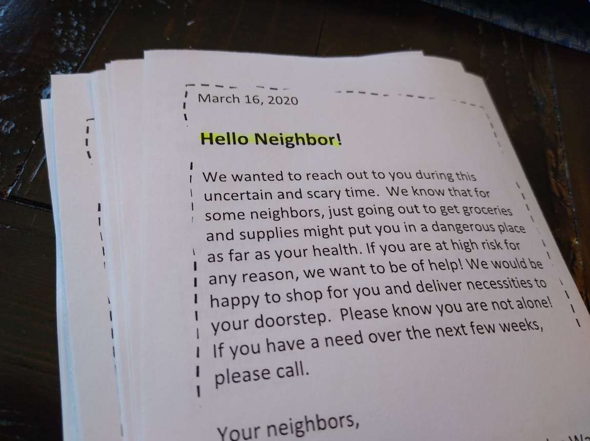 PHOTO Neighbors Put Out Fliers Asking If Neighborhood Needs Help Getting Groceries During Corona Virus Outbreak